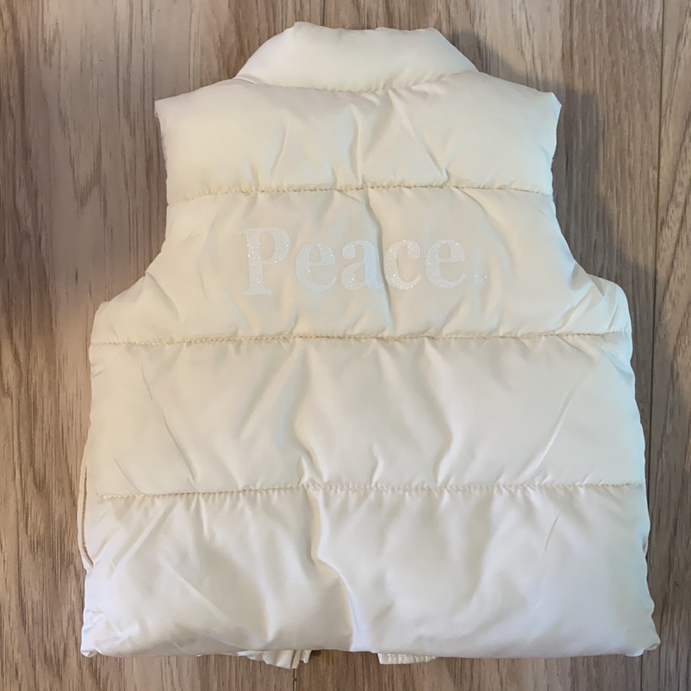 NEW “Peace” puffer with glitter lettering fleece lining size 3-6 months